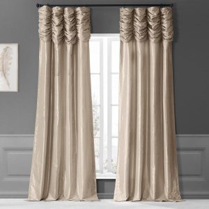 Antique Beige Ruched Solid Faux Silk Taffeta Room Darkening Curtain