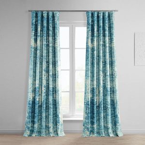 Strata Blue Abstract Printed Faux Linen Room Darkening Curtain