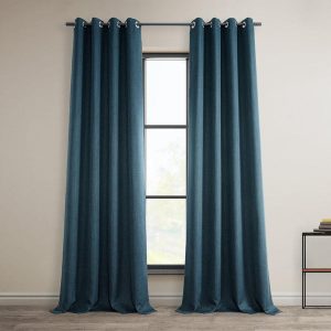 Story Blue Grommet Textured Faux Linen Room Darkening Curtain