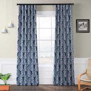 Woodcut Navy Damask Room Darkening Curtain