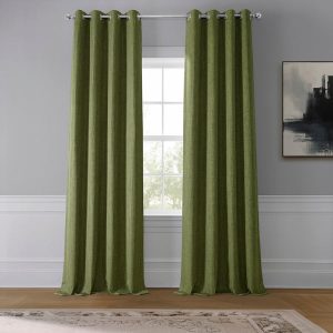 Tuscany Green Grommet Textured Faux Linen Room Darkening Curtain