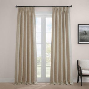Thatched Tan French Pleat Textured Faux Linen Room Darkening Curtain