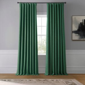 Key Green Textured Faux Linen Room Darkening Curtain