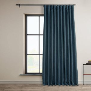 Story Blue Extra Wide Textured Faux Linen Room Darkening Curtain