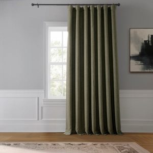 Khaki Green Extra Wide Textured Faux Linen Room Darkening Curtain
