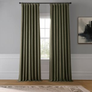 Khaki Green Textured Faux Linen Room Darkening Curtain