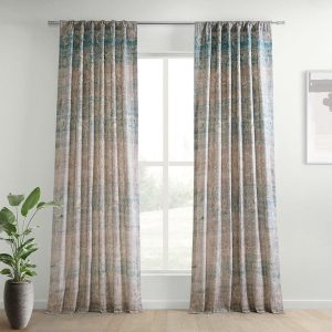 River Teal Blue Abstract Textured Printed Cotton Curtain