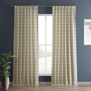 Window Pane Blue Plaid Textured Printed Cotton Curtain