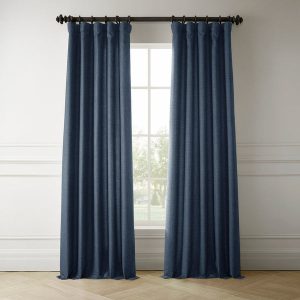 Sergeants Blue Italian Faux Linen Room Darkening Curtain