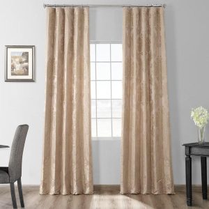 Magdelena Beige & Gold Damask Faux Silk Jacquard Room Darkening Curtain
