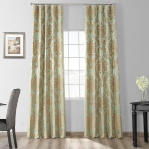 Magdelena Jade & Gold Damask Faux Silk Jacquard Room Darkening Curtain