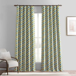 Zanni Multi Blue Green Geometric Faux Silk Jacquard Room Darkening Curtain