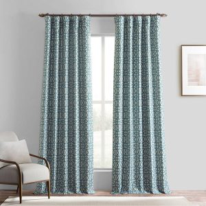 Metro Teal Blue Geometric Faux Silk Jacquard Room Darkening Curtain