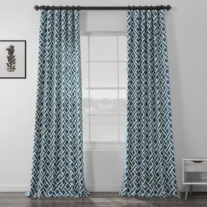 Martinique Blue Geometric Printed Cotton Room Darkening Curtain