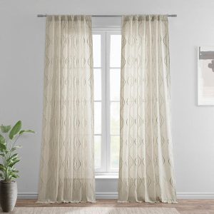 Suez Natural Embroidered Striped Patterned Faux Linen Sheer Curtain